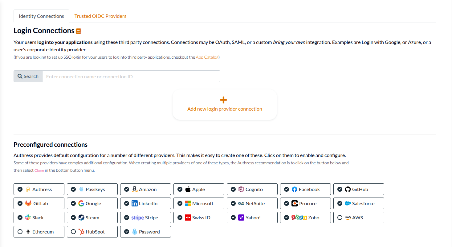 Identity Provider connections screen